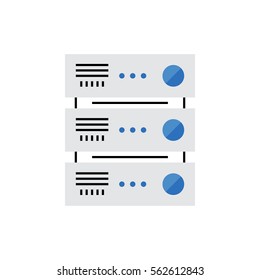 Modern vector icon of vertically mounted server rack and frontside hardware panel. Premium quality vector illustration concept. Flat line icon symbol. Flat design image isolated on white background.