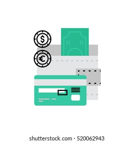 Modern vector icon of wallet with banknotes and currency logo coins, credit card. Premium quality vector illustration concept. Flat line icon symbol. Flat design image isolated on white background.