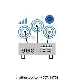 Modern vector icon of wifi router, wireless network connection and receiving signal. Premium quality vector illustration concept. Flat line icon symbol. Flat design image isolated on white background.