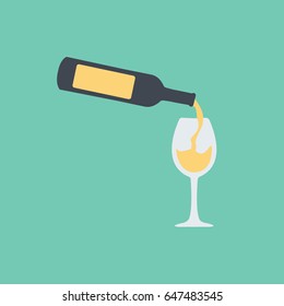 modern vector icon wine bottle symbol & white wine pouring in the glass for celebration & event. one glass wine button for web & app cartoon isolated flat design style.