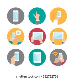 Modern vector icons collection. Mobile phone, touch pad, hands touching screens. Retro icons set isolated on white.