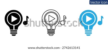 Modern vector icons combining play buttons with light bulbs and music notes, perfect for creative projects and multimedia applications