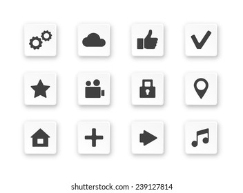 Modern vector icons for computer app or internet page decoration. Cloud, homepage, pointer, star and thumbs up simple signs on square white buttons with shadow