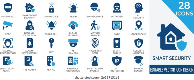Modern vector icons featuring smart security devices and AI-based home protection. Ideal for apps and tech-related presentations.