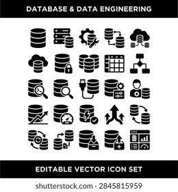 Modern vector icons representing database and data engineering concepts and tools