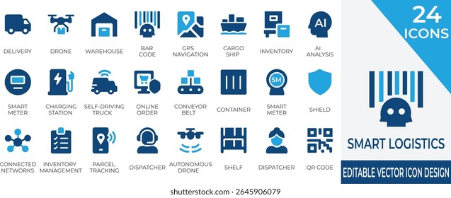 Ícones vetoriais modernos que representam logística inteligente, automação e rastreamento de encomendas. Perfeito para a cadeia de suprimento, e-commerce e plataformas de gerenciamento de inventário.