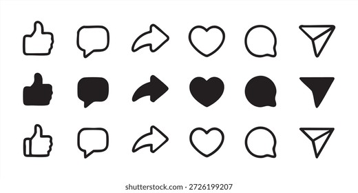 Moderne Vektorsymbole, die das Engagement in den sozialen Medien darstellen: ein Herz für Likes, eine Blase für Kommentare und ein Pfeil für Aktien.