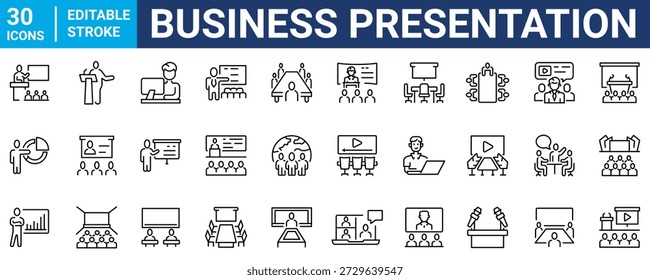 Moderne Vektorsymbole für Geschäftspräsentationen, Unternehmensberichte und Pitch Decks. Umfasst Diagramme, Analysen, Teamarbeit, Strategie, Planung und Elemente des öffentlichen Sprechens