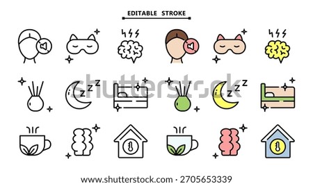 Modern vector icons for sleep therapy and relaxation techniques. Ideal for creating guides on combating insomnia, designing interfaces for meditation apps, and promotional materials for products that enhance sleep comfort.