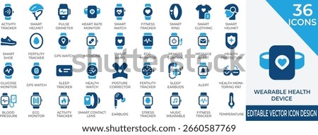 Modern vector icons of smart wearable devices for health, fitness, and wellness. Ideal for medical apps, health tech platforms, and wearable product visuals.