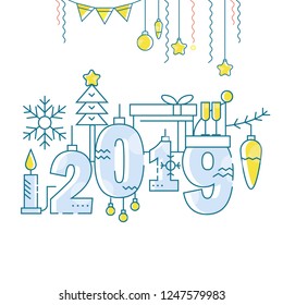 Modern vector iilustration of 2019 in thin line design. Greeting card with christmas festive elements