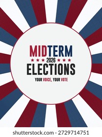 Ilustración vectorial moderna para las elecciones intermedias de Estados Unidos de 2026, con colores patrióticos rojos, blancos y azules con estrellas y rayas. Ideal para campañas políticas, concienciación sobre el voto y folletos en redes sociales.