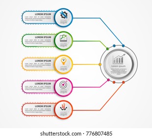 Modern vector illustration 3d. A circular infographic template with five elements and a circle in the center. Contains icons and text. Designed for business, presentations, diagrams with 5 steps.