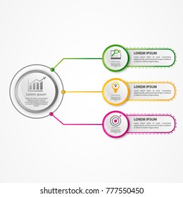 Modern vector illustration 3d. A circular infographic template with three elements and a circle in the center. Contains icons and text. Designed for business, presentations, diagrams with 3 steps.