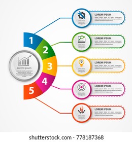 Modern vector illustration 3d. A circular infographic template with five elements and a circle in the center. Contains icons and text. Designed for business, presentations, diagrams with 5 steps.