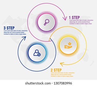 Modern vector illustration 3D data visualization. Infographic circles template with three elements, arrows, icons. Designed for business, presentations, web design, interface, diagrams with 3 steps
