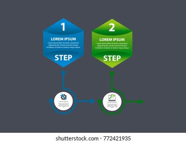 Modern vector illustration 3d. Hexagon a template of infographic with circles in two stages. Contains icons and text. Designed for business, presentations, web design, diagrams with 2 steps.