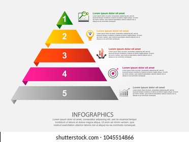 Modern vector illustration 3d. Infographic template of the pyramid with five elements, rectangles. Contains icons and text. Designed for business, presentations, web design, diagrams with 5 steps.