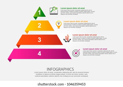 Modern vector illustration 3d. Infographic template of the pyramid with four elements, rectangles. Contains icons and text. Designed for business, presentations, web design, diagrams with 4 steps.