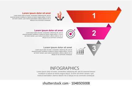 Modern vector illustration 3d. Infographic template of the pyramid with three elements, rectangles. Contains icons and text. Designed for business, presentations, web design, diagrams with 3 steps.