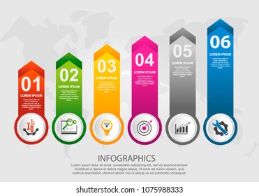 Modern vector illustration 3d. Infographic pattern with six elements, squares, arrows. Designed for business, presentations, web design, timeline elements, diagrams with 6 steps.