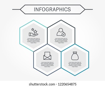 Modern vector illustration 3D. Infographic template with four hexagon elements. Designed for business, presentations, web design, diagrams with 4 steps for workflow layout, annual report.