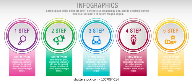 Modern vector illustration 3D. Infographic circles template with five elements, sectors, icons. Designed for business, presentations, web design, interface, workflow layout, diagrams with 5 steps