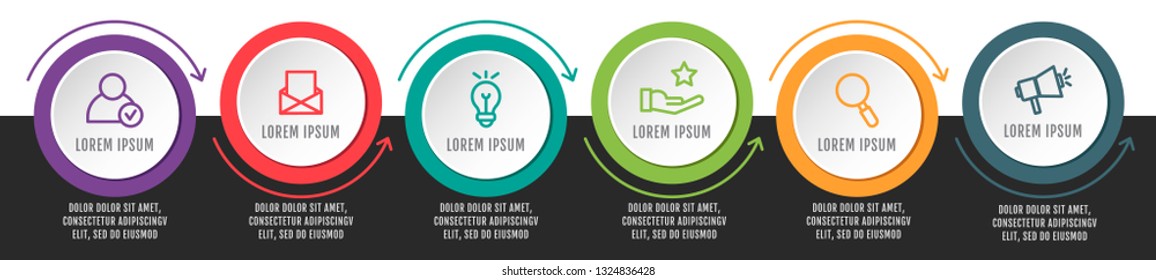 Modern vector illustration 3D. Infographic circles template with six elements, arrows, icons. Designed for business, presentations, web design, interface, workflow layout, diagrams with 6 steps.