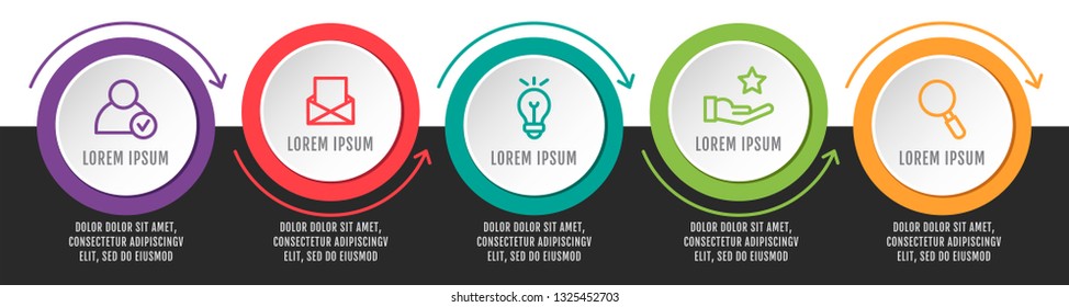 Modern vector illustration 3D. Infographic circles template with five elements, arrows, icons. Designed for business, presentations, web design, interface, workflow layout, diagrams with 5 steps.