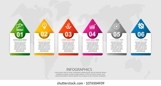 Modern vector illustration 3d. Rectangle template with an arrow with six elements. Contains icons and text. Designed for business, presentations, web design, diagrams with 6 steps.