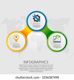 Modern vector illustration 3d. Template circle infographics with three elements. Designed for business, presentations, web design, diagrams with 3 steps, options, parts or processes. Creative concept.