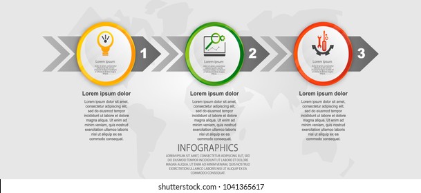 Modern vector illustration 3d. Template circle infographics with three elements and arrows. Designed for business, presentations, web design, diagrams with 3 steps, options, parts or processes.
