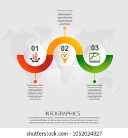 Modern vector illustration 3d. Template for infographic circles with three elements, rectangles. Contains icons and text. Designed for business, presentations, web design, diagrams with 3 steps.