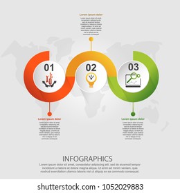 Modern vector illustration 3d. Template for infographic circles with three elements. Contains icons and text. Designed for business, presentations, web design, diagrams with 3 steps.