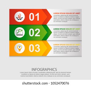 Modern vector illustration 3d. Template for infographic rectangles with arrows three elements. Contains icons and text. Designed for business, presentations, web design, diagrams with 3 steps.