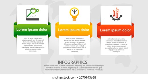 Modern vector illustration 3d. Template for infographic rectangles with labels three elements. Contains icons and text. Designed for business, presentations, web design, diagrams with 3 steps.