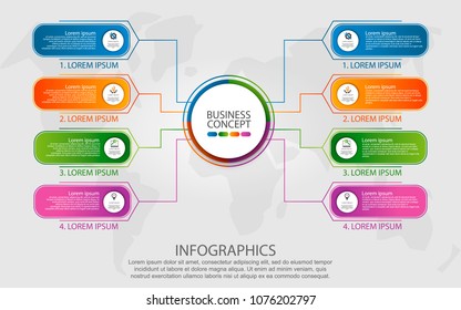 Modern vector illustration 3d. Template with eight colored geometric shapes of rectangles and circle for infographics, business, presentations, web design, concept of launching with 8 options, steps.