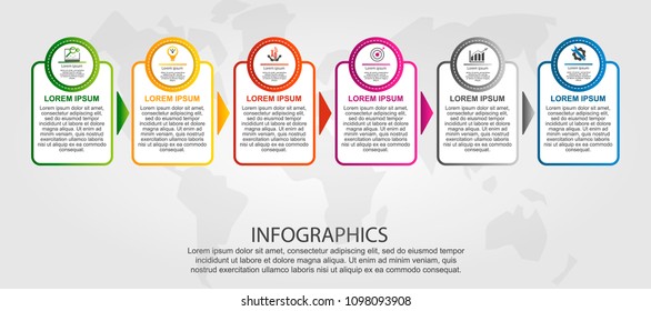 Modern vector illustration 3D. Template of circles and rectangles of infographics with six elements and arrows. Designed for business, presentations, web design, diagrams with 6 steps. Step by step.