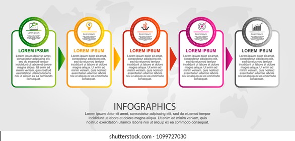 Modern vector illustration 3D. Template of circles and rectangles of infographics with five elements and arrows. Designed for business, presentations, web design, diagrams with 5 steps. Step by step.
