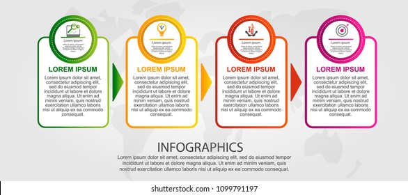 Modern vector illustration 3D. Template of circles and rectangles of infographics with four elements and arrows. Designed for business, presentations, web design, diagrams with 4 steps. Step by step.