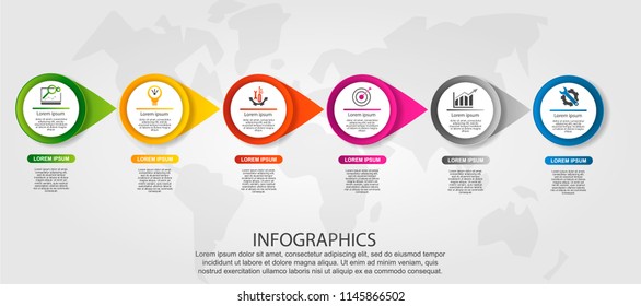Modern vector illustration 3D. Template of circles of infographics with six elements and arrows. Designed for business, presentations, web design, diagrams with 6 steps. Concept step by step.