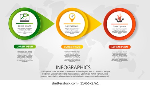 Modern vector illustration 3D. Template of circles of infographics with three elements and arrows. Designed for business, presentations, web design, diagrams with 3 steps. Concept step by step.