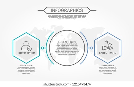 Moderne vectorillustratie 3d. Sjabloon van cirkelvormige infographics met twee elementen, zeshoek. Bevat kaart in het midden. Ontworpen voor bedrijven, presentaties, webdesign, diagrammen met 2 stappen.