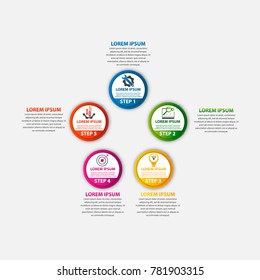 Modern vector illustration 3d. Template circle infographics with five elements and round chart. Designed for business, presentations, web design, diagrams with 5 steps, options, parts or processes.