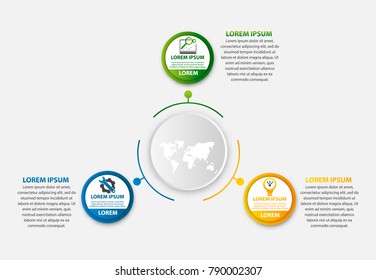 Modern vector illustration 3d. Template of circular infographics with three elements, circles. Contains icons and map. Designed for business, presentations, web design, diagrams with 3 steps