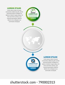 Modern vector illustration 3d. Template of circular infographics with two elements, circles. Contains map in the center. Designed for business, presentations, web design, diagrams with 2 steps.