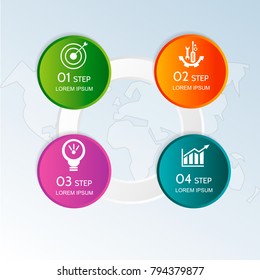 Modern vector illustration 3d. Template of a circular infographics with four elements, circles. Contains icons and map. Designed for business, presentations, web design, diagrams with 4 steps.