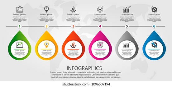 Modern vector illustration 3d. Timeline infographics template with six elements, steps. Contains icons and text. Designed for business, presentations, web design, diagrams with 6 steps.