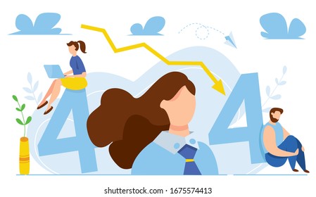 Modern vector illustration of 404 error. Page not found concept. Business concept of economic decline. Arrow to down. Disconnection from the internet. Sad people witout connection