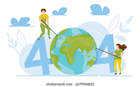 Moderne Vektorillustration Illustration von 404 Fehler. Seite wurde nicht gefunden Konzept. Ökologisches Konzept der sauberen Erde Globus.  Trennung vom Internet. Traurige Menschen ohne Verbindung